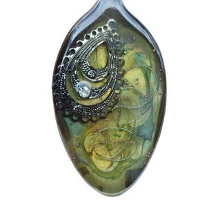 Vintage Handmade Silver Bent Spoon Resin Pendant 2.75"